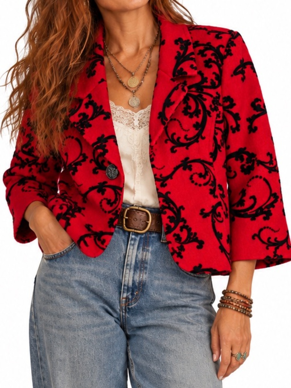 Vintage Coldwater Creek Red & Black Velvet Flocked Cropped PURE Wool Jacket LP